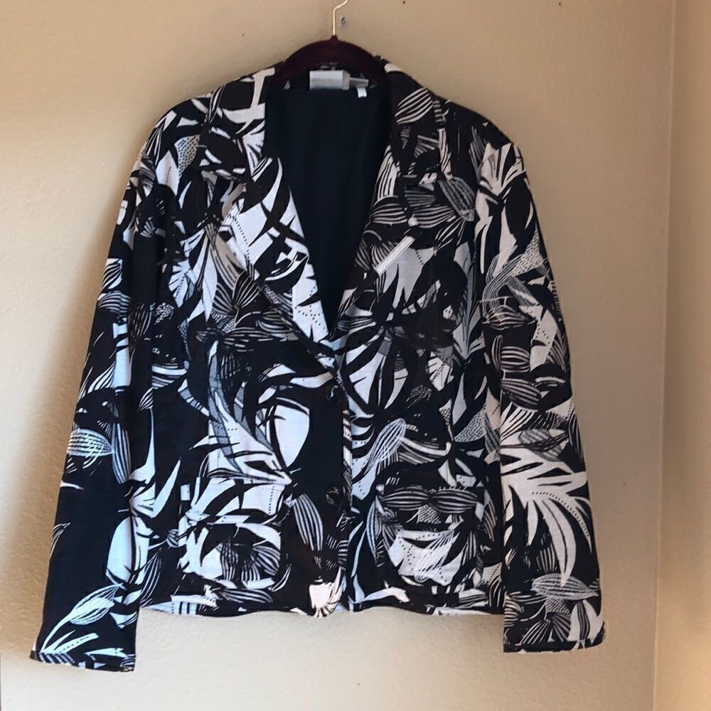 Chico’s Jacket‎ in Brown, Black and Cream tropical print and embroidery in silk
